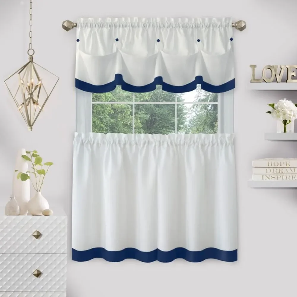 PowerSellerUSA Two-Tone Tier Pair Panels and Valance Kitchen Curtains Set for